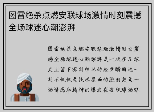 图雷绝杀点燃安联球场激情时刻震撼全场球迷心潮澎湃 图雷绝杀点燃安联球场激情时刻震撼全场球迷心潮澎湃